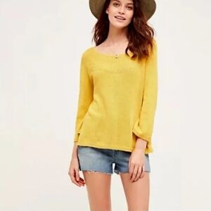 Anthropologie Moth Mila Mustard Yellow Linen Blend Pullover Sweater Size M